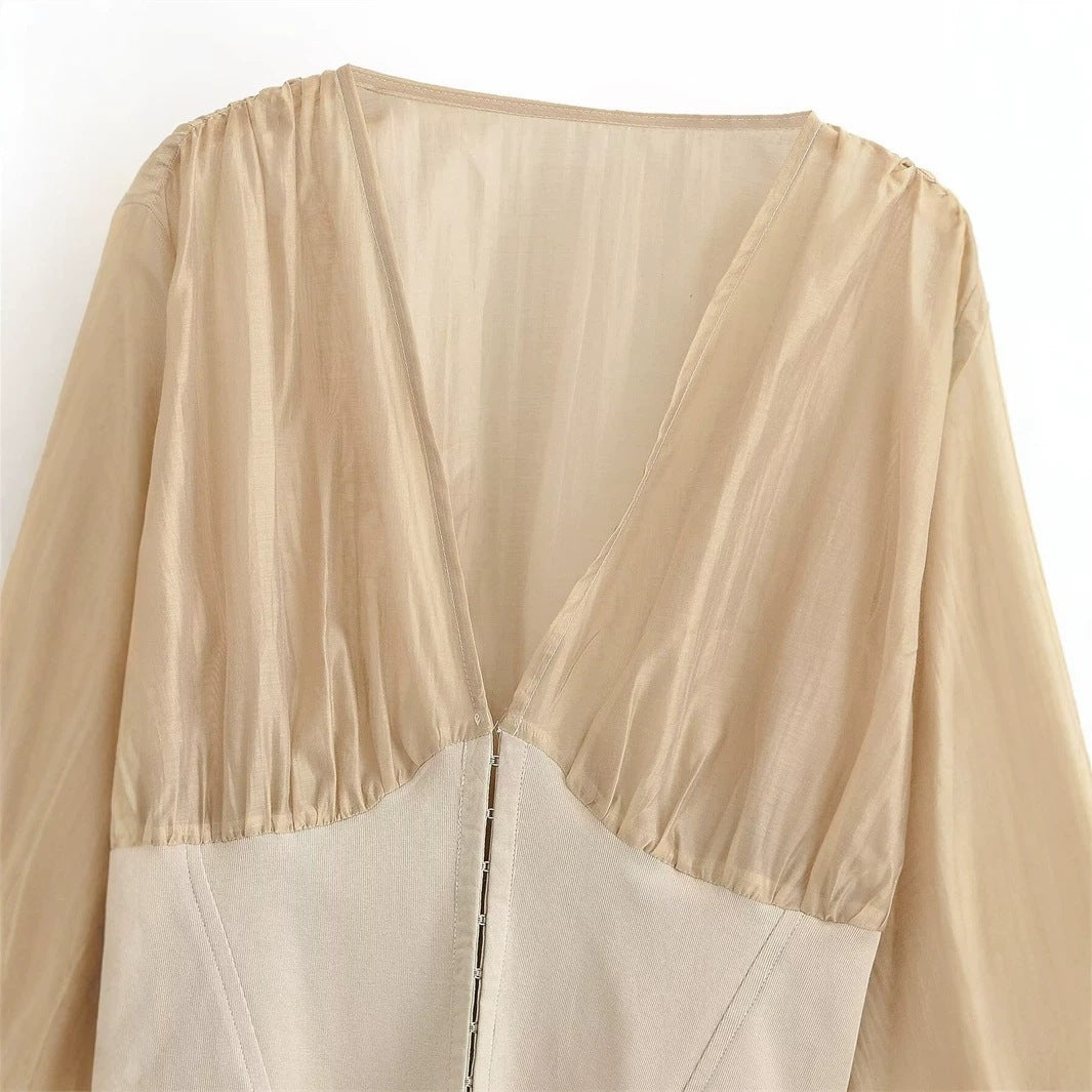 Damen Cropped Chiffon-Bluse mit tiefem V-Ausschnitt und tailliertem Korsettbund Shop Nory