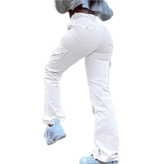 Damen taillenhoch geschnittene Cargo-Jeans mit ausgestelltem Schlag und funktionalen Pattentaschen Shop Nory