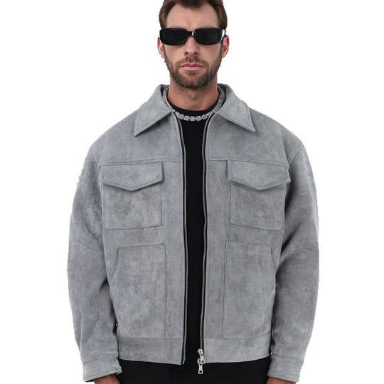 Herren nan oversized Velourslederjacke mit Reißverschluss, Hemdkragen und aufgesetzten Pattentaschen Shop Nory