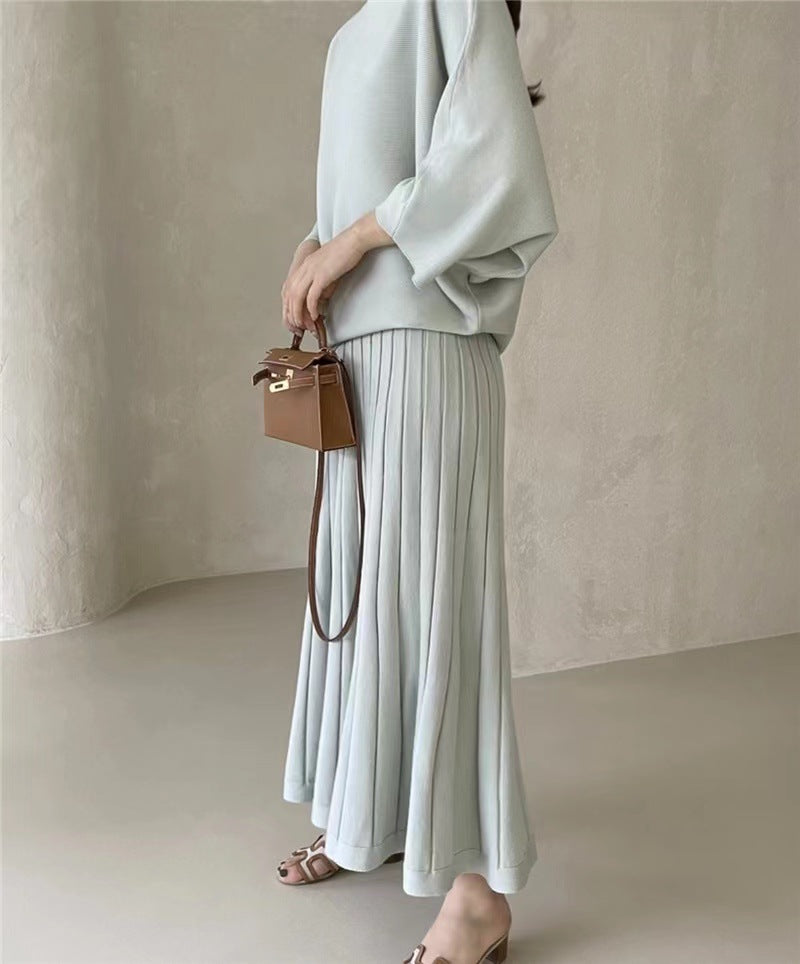 Damen Feines Strick-Set aus Viskosemix mit Oversize-Pullover und plissiertem Maxi-Rock Shop Nory