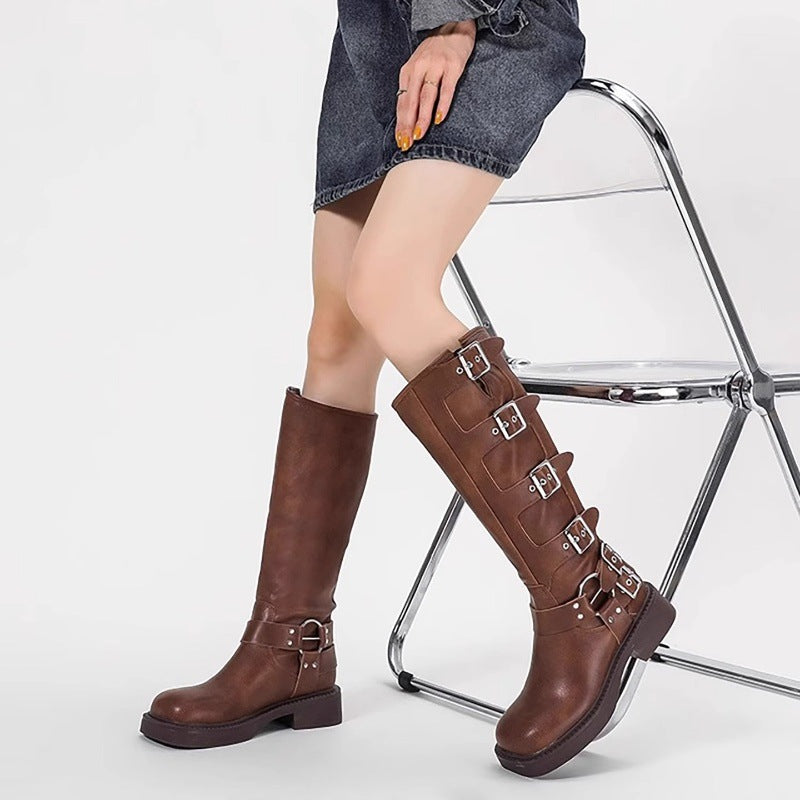 Damen Stiefel mit modischen Schnallen und robustem Blockabsatz