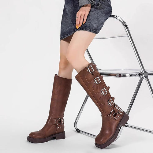 Damen Stiefel mit modischen Schnallen und robustem Blockabsatz