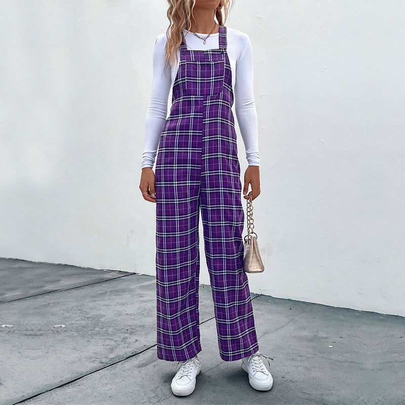 Damen Lässiger Karierter Jumpsuit mit breitem Bein und verstellbaren Trägern Shop Nory