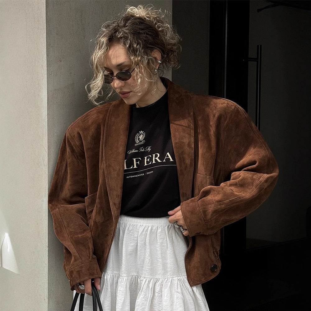 Damen Kurze Veloursleder‑Boxyjacke mit kimonoähnlichem Revers Shop Nory
