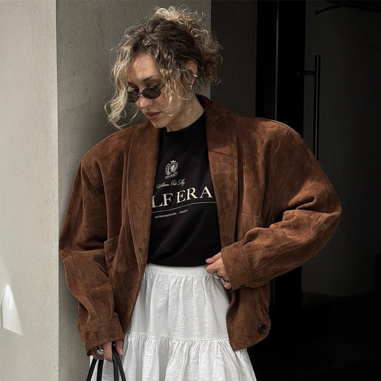 Damen Kurze Veloursleder‑Boxyjacke mit kimonoähnlichem Revers Shop Nory