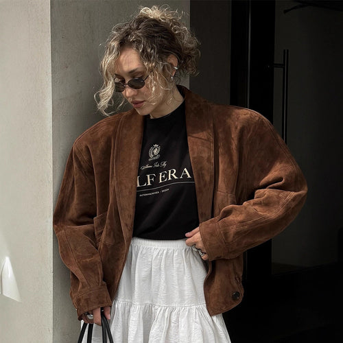 Damen Kurze Veloursleder‑Boxyjacke mit kimonoähnlichem Revers Shop Nory