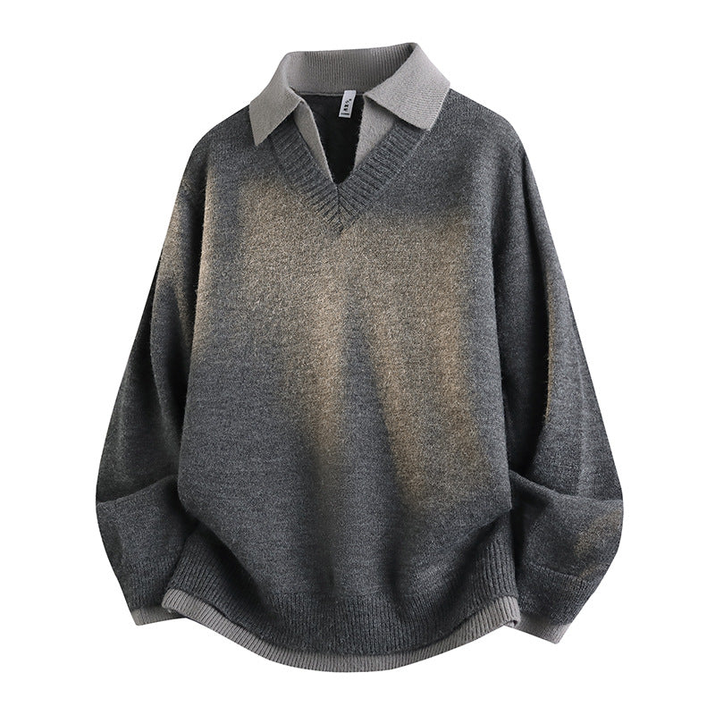 Unisex Lässiger Strukturstrick-Pullover mit offenem Polokragen und tiefem V-Ausschnitt Shop Nory