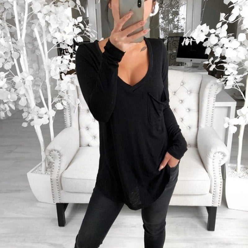 Damen Lässige Oversize Tunika mit V‑Ausschnitt, Brusttasche und verlängertem Saum Shop Nory