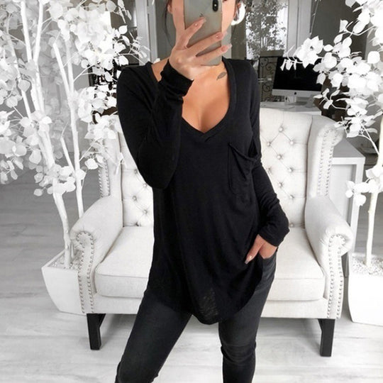Damen Lässige Oversize Tunika mit V‑Ausschnitt, Brusttasche und verlängertem Saum Shop Nory