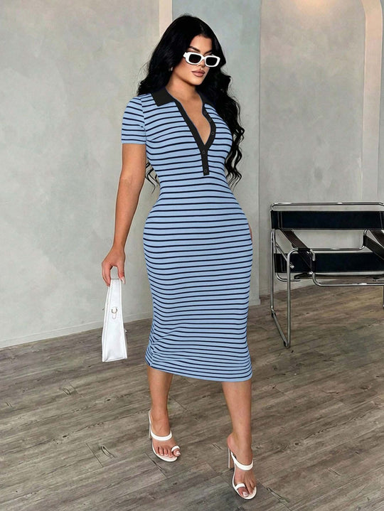 Damen Figurbetontes Polokleid im Streifen‑Look aus Rippstrick mit kurzem Ärmel Shop Nory