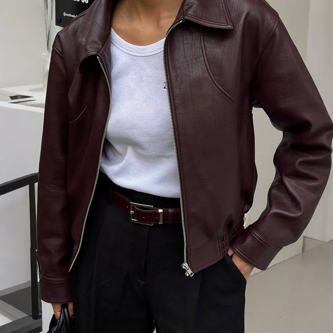 Damen nan kurze Oversize-Lederjacke mit Hemdkragen, sichtbarem Reißverschluss und lässiger Silhouette Shop Nory