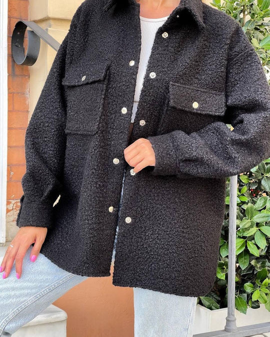 Damen Oversized Teddy-Übergangsjacke mit Brusttaschen und Druckknöpfen Shop Nory