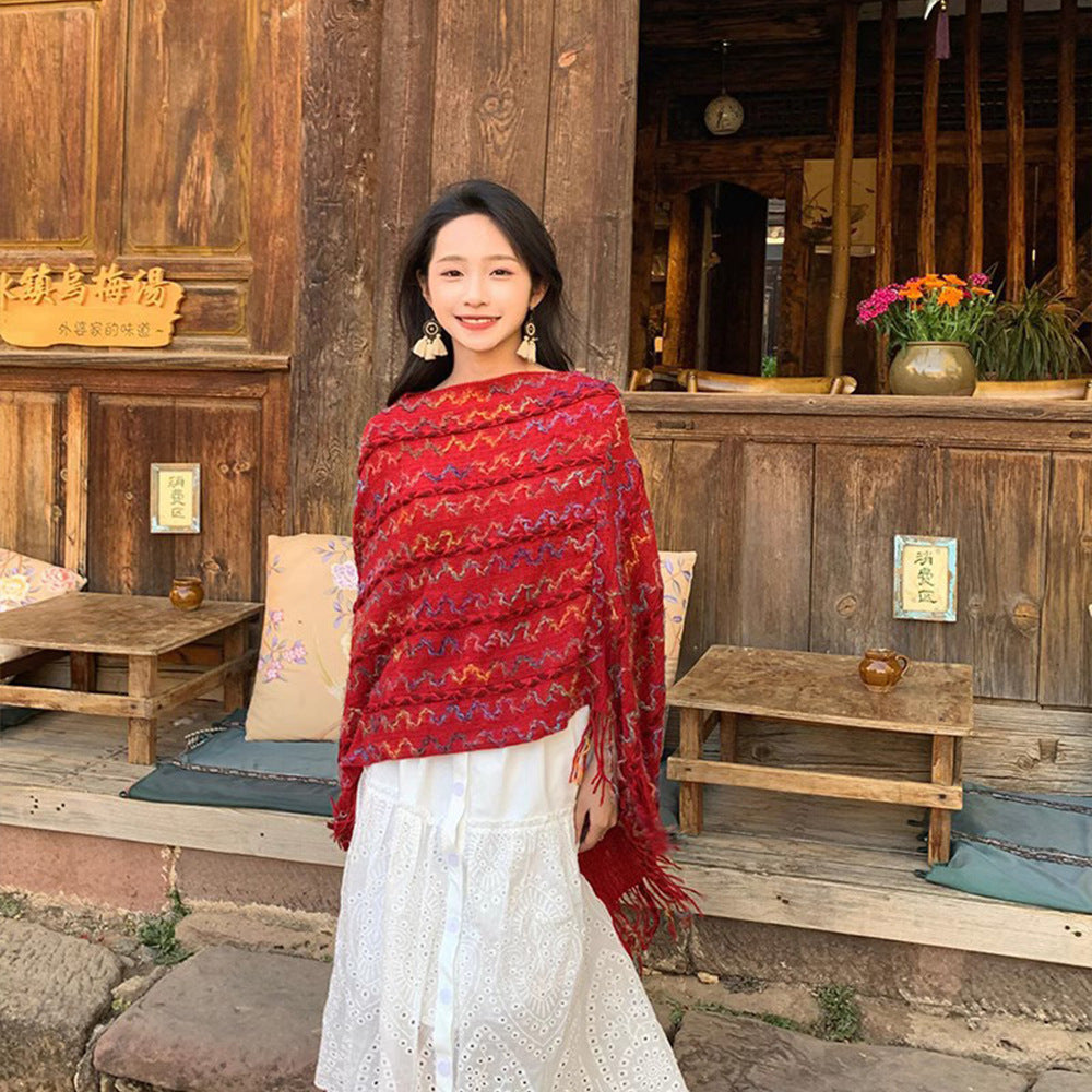 Damen Gestrickter V-Ausschnitt-Poncho mit Fransen und Strukturjacquard Shop Nory
