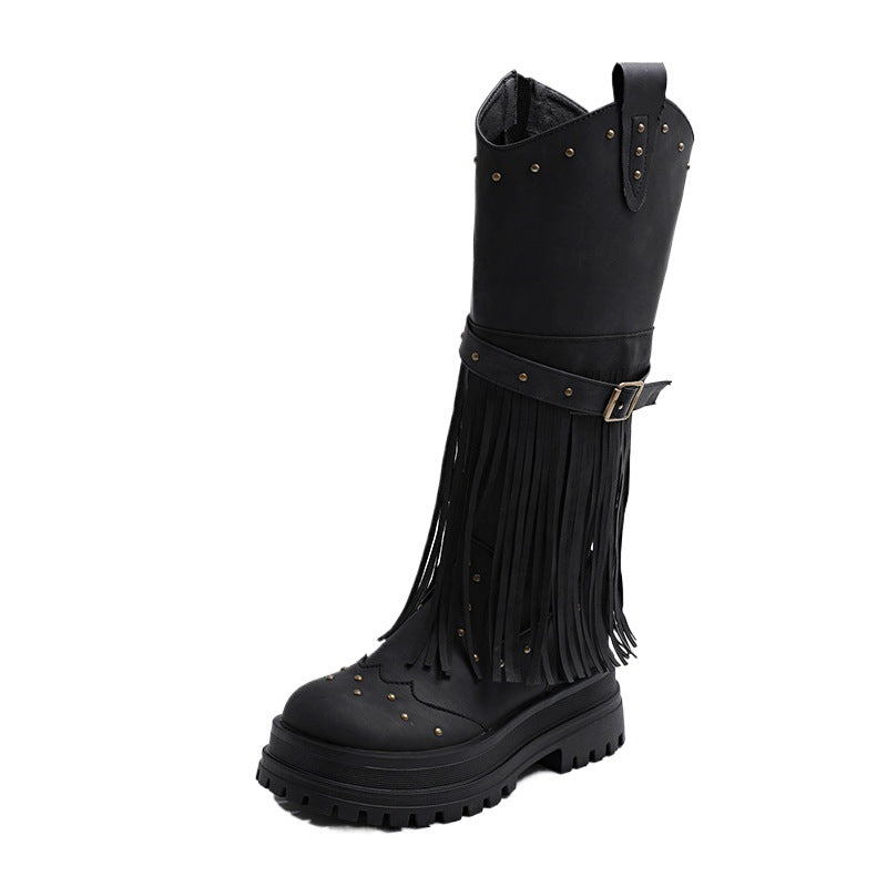 Damen Overknee-Stiefel mit modischem Fransen-Design und robustem Profil