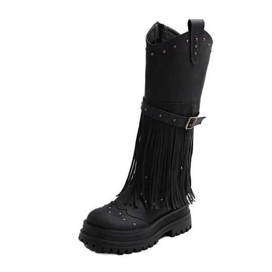 Damen Overknee-Stiefel mit modischem Fransen-Design und robustem Profil