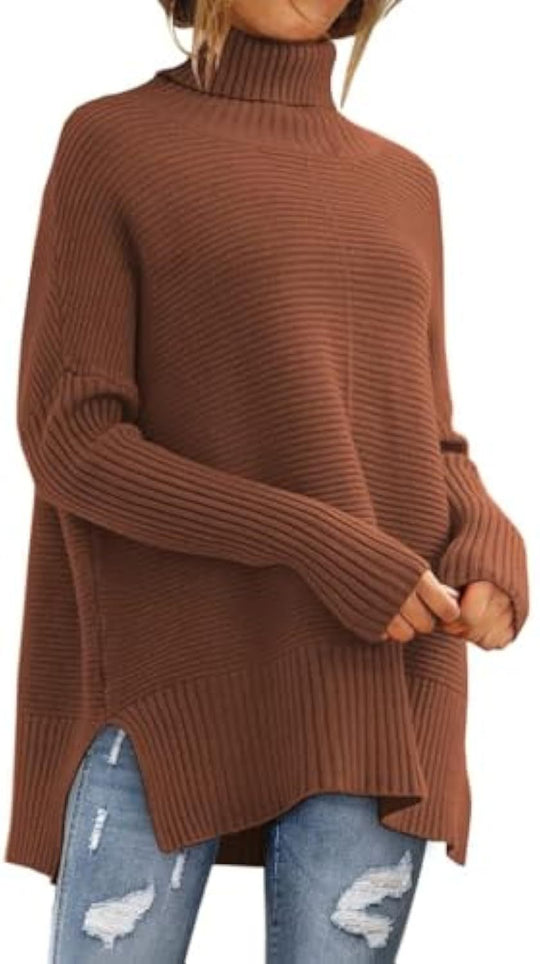 Damen Oversize-Rippenstrick Rollkragenpullover mit Seitenschlitzen und verlängertem Saum Shop Nory