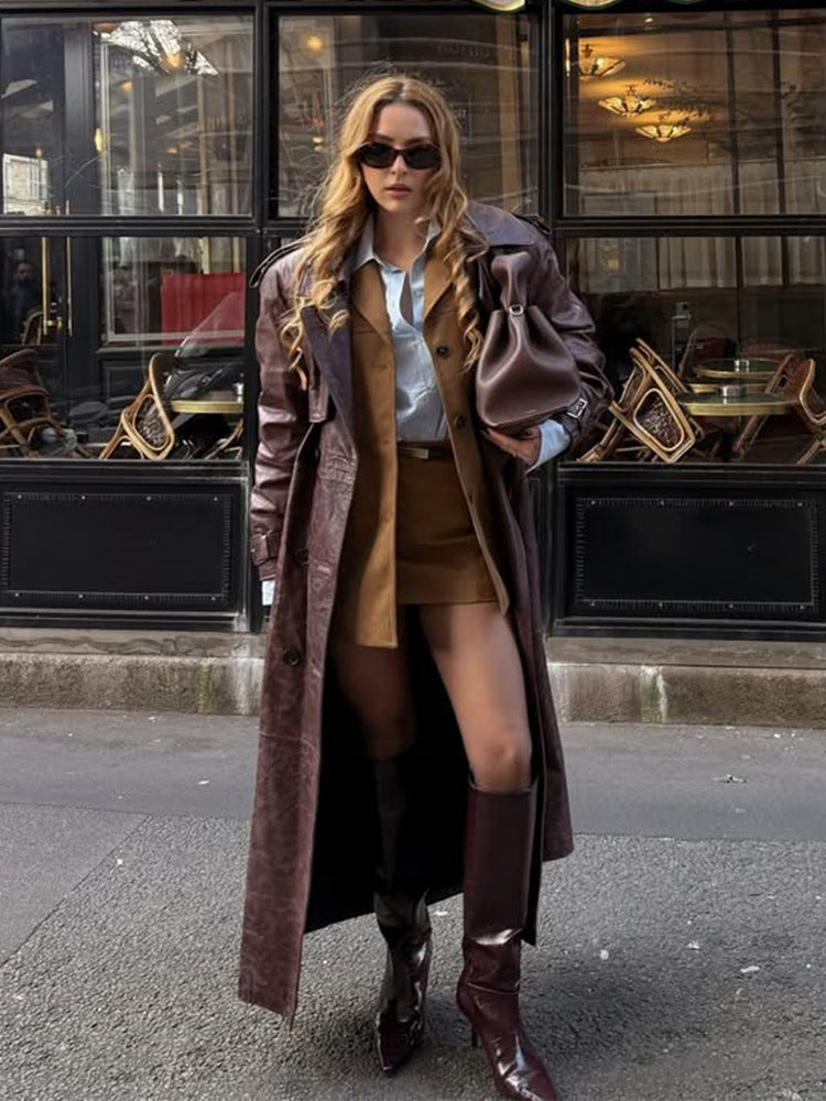 Damen Langer Trenchcoat aus Lederimitat mit Oversize-Schultern und taillierter Silhouette Shop Nory