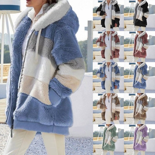Damen nan Oversize Teddyfell-Kapuzenjacke mit Farbblock-Streifen, hochwertigem Reißverschluss und gerippten Bündchen Shop Nory