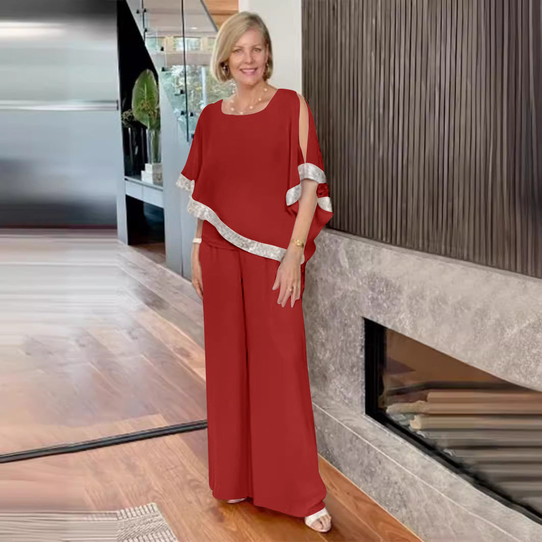 Damen elegantes Zweiteiler-Outfit mit luftiger Bluse und weitem Hosenstil Shopnory