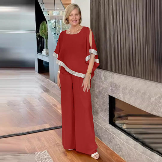 Damen elegantes Zweiteiler-Outfit mit luftiger Bluse und weitem Hosenstil Shopnory