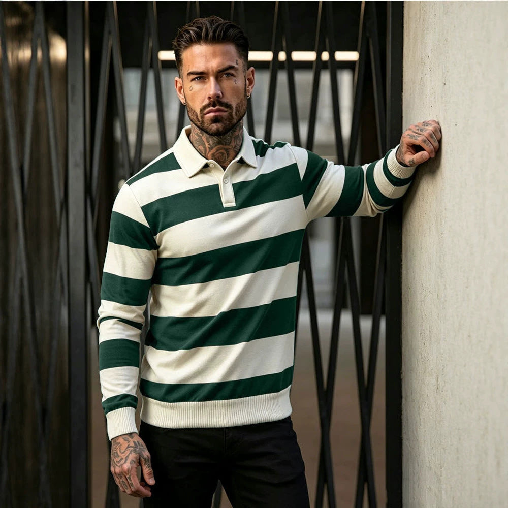 Herren gestreifter Rugby-Polo-Pullover mit Knopfleiste und Rippbündchen Shop Nory