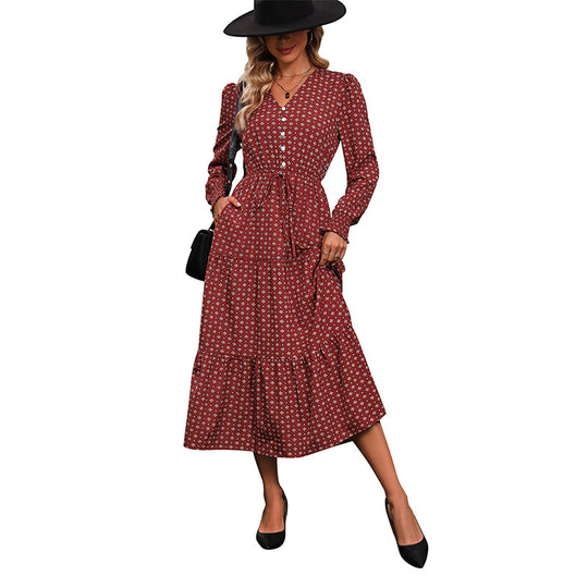 Damen Midikleid mit V-Ausschnitt, Smok-Taille, Stufensaum und floralem Allover-Print Shop Nory
