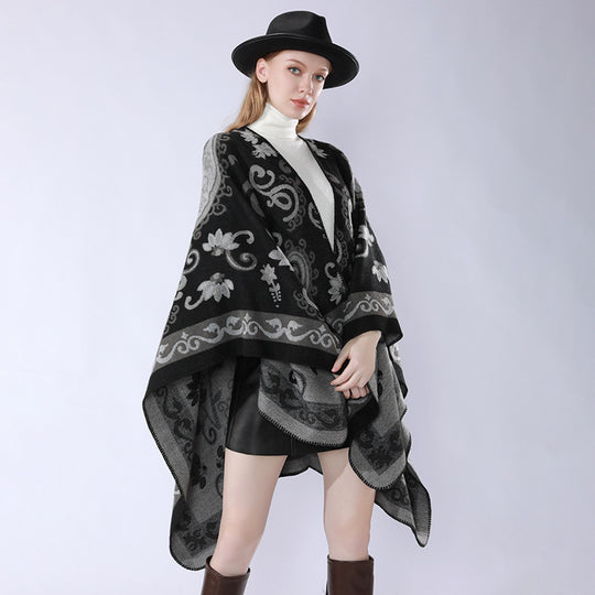 Damen Wollmix-Poncho-Umhang mit Paisley-Jacquard und Ziernaht Shop Nory