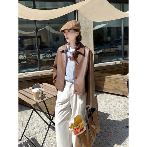 Damen Kurze Boxy-Lederjacke mit Hemdkragen Shop Nory
