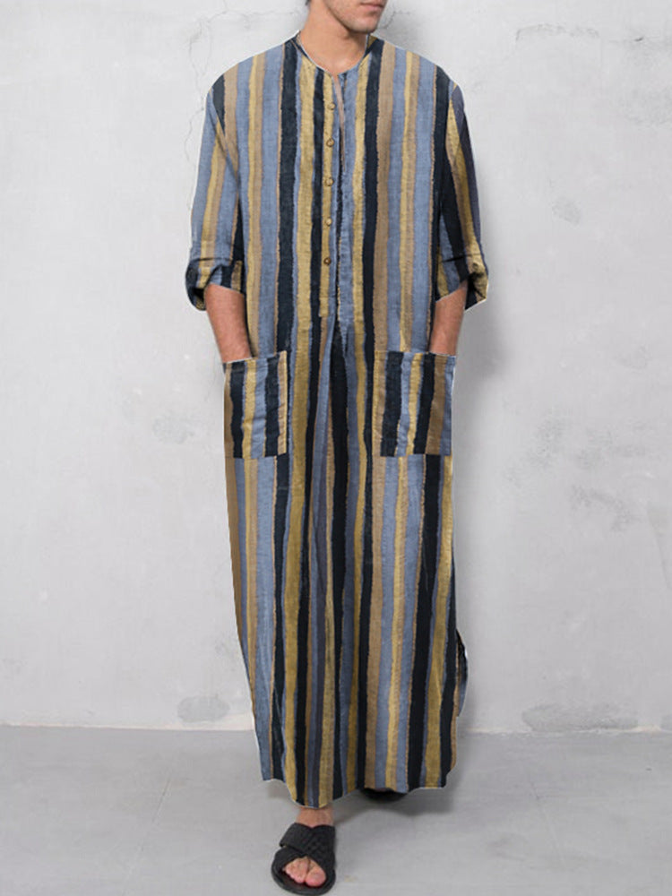 Herren nan lockerer Kaftan aus Leinenmischung mit Knopfleiste und aufgesetzten Taschen