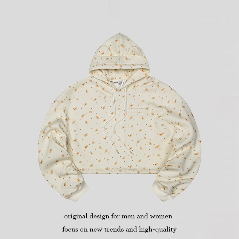 Damen Cropped Kapuzen-Sweatshirt mit Allover-Blumenprint, Brusttasche und gerafftem Saum Shop Nory