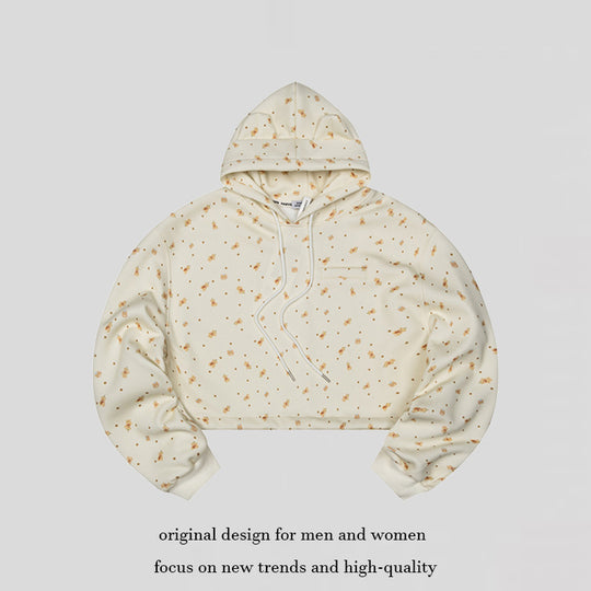 Damen Cropped Kapuzen-Sweatshirt mit Allover-Blumenprint, Brusttasche und gerafftem Saum Shop Nory