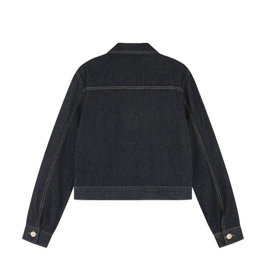 Damen Kurz geschnittene Jeansjacke mit Schulterklappen, Reißverschluss und Taillengürtel Shop Nory