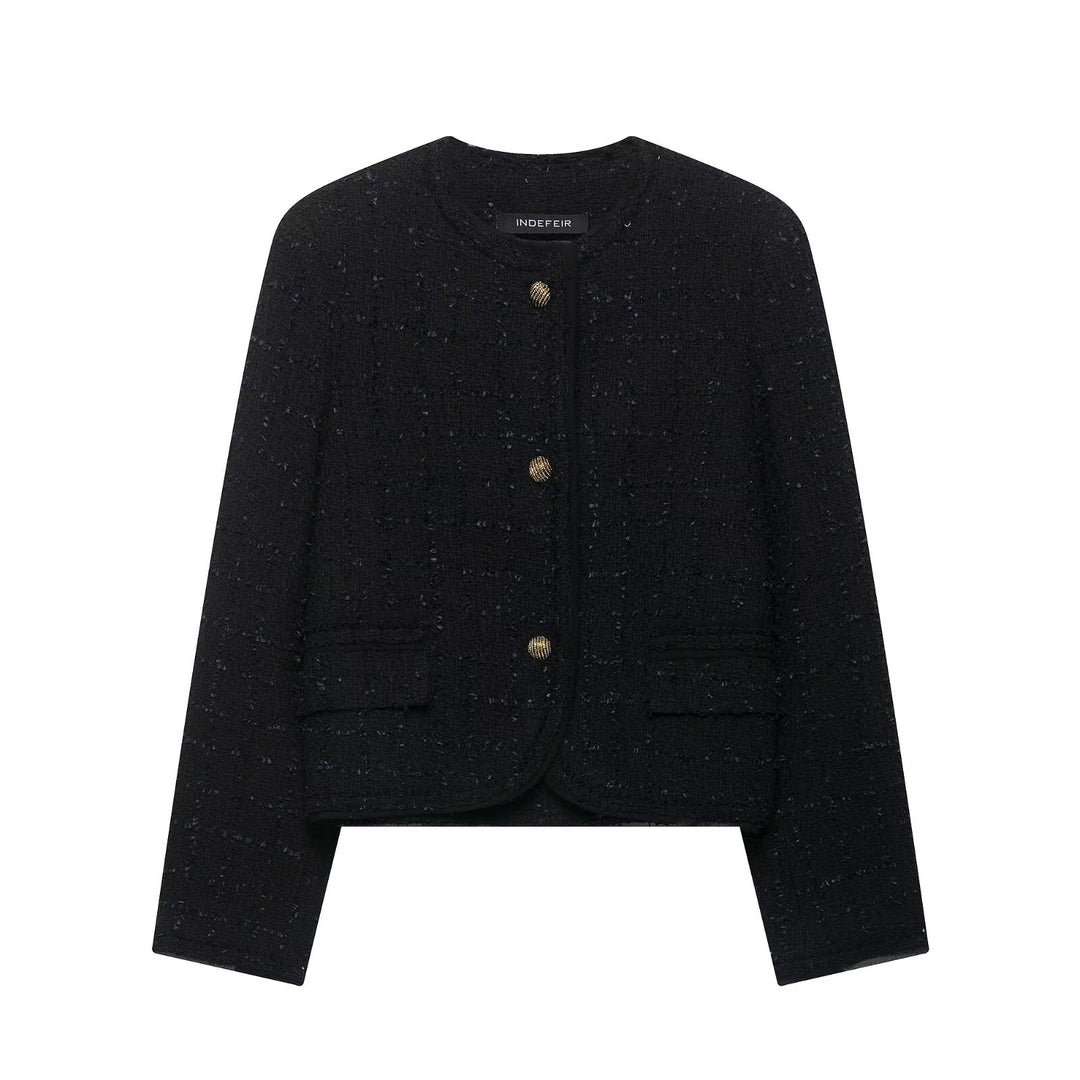 Damen Kurze Bouclé-Tweedjacke ohne Kragen mit goldfarbenen Zierknöpfen Shop Nory