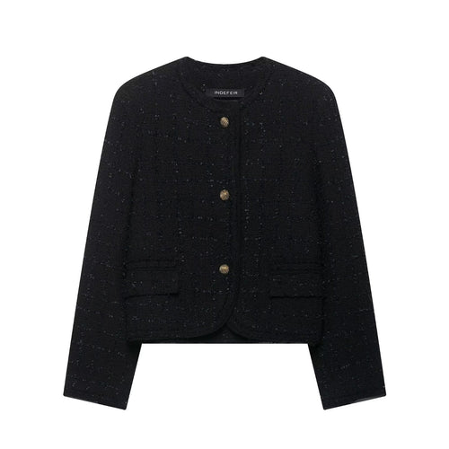 Damen Kurze Bouclé-Tweedjacke ohne Kragen mit goldfarbenen Zierknöpfen Shop Nory