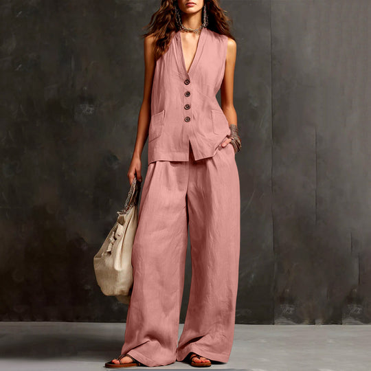 Damen Ärmelloses Longline-Westen und Palazzo-Hosen Set aus Leinenoptik Shop Nory
