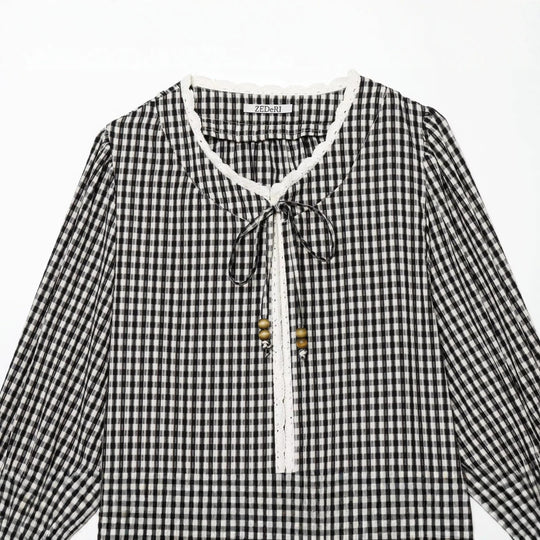 Damen Vichykaro-Bluse mit Häkelbesatz, Bindeband und dreiviertel Ballonärmeln Shop Nory