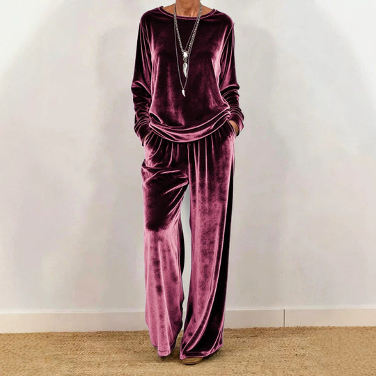 Damen Samt-Loungewear-Set mit weitem Bein, elastischem Bund und Rundhalsausschnitt Shop Nory
