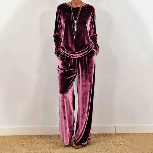 Damen Samt-Loungewear-Set mit weitem Bein, elastischem Bund und Rundhalsausschnitt Shop Nory