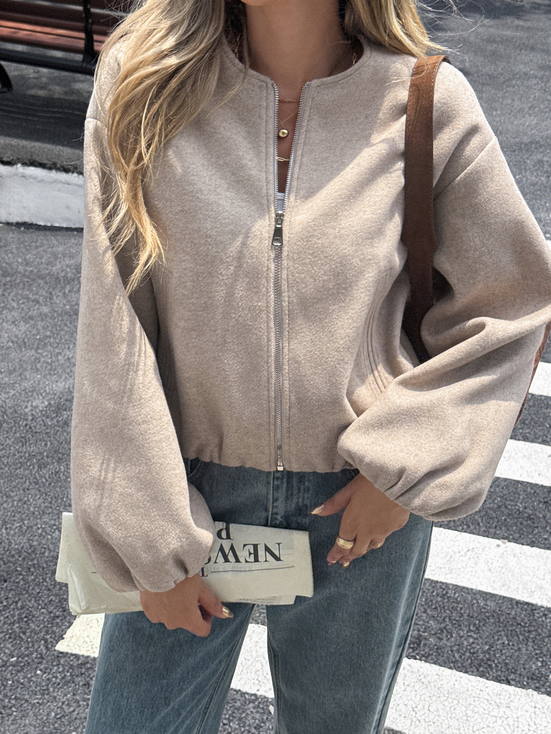 Damen nan kurze kuschelige Bomberjacke mit durchgehendem Reißverschluss, elastischem Saum und verdeckten Eingrifftaschen Shop Nory