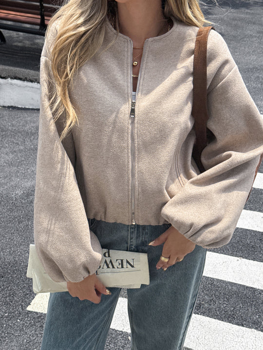 Damen nan kurze kuschelige Bomberjacke mit durchgehendem Reißverschluss, elastischem Saum und verdeckten Eingrifftaschen Shop Nory