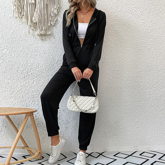 Damen Kapuzen-Jumpsuit mit Reißverschluss, elastischer Taillenpassform & Joggerbündchen Shop Nory