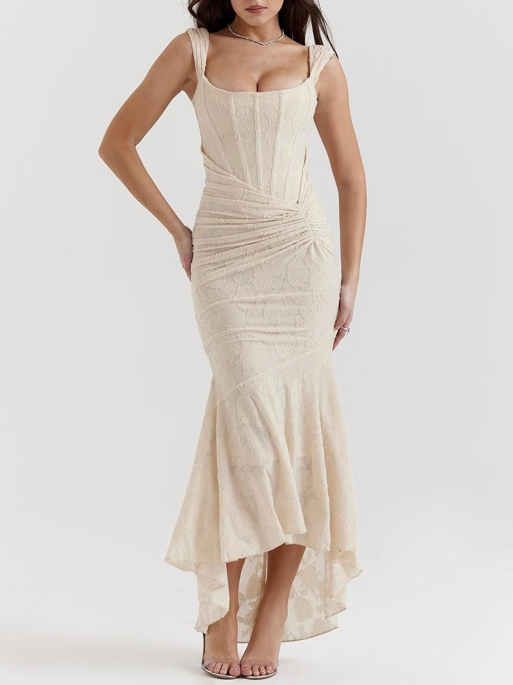 Damen nan eng anliegendes Korsett-Abendkleid mit integrierten Stäbchen, geraffter Wickelpassform und floraler Jacquardstruktur