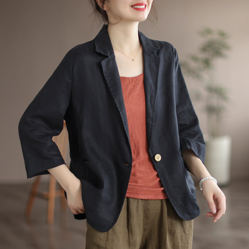 Damen Lässiger Leinenblazer mit breiten Ärmeln und Knopfverschluss