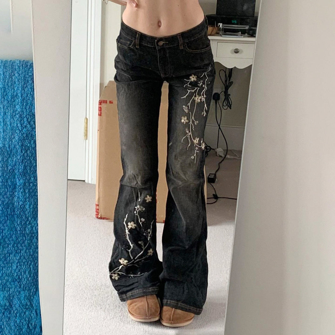 Damen Flared Jeans mit floralem Stickdesign und hohem Taillenbund