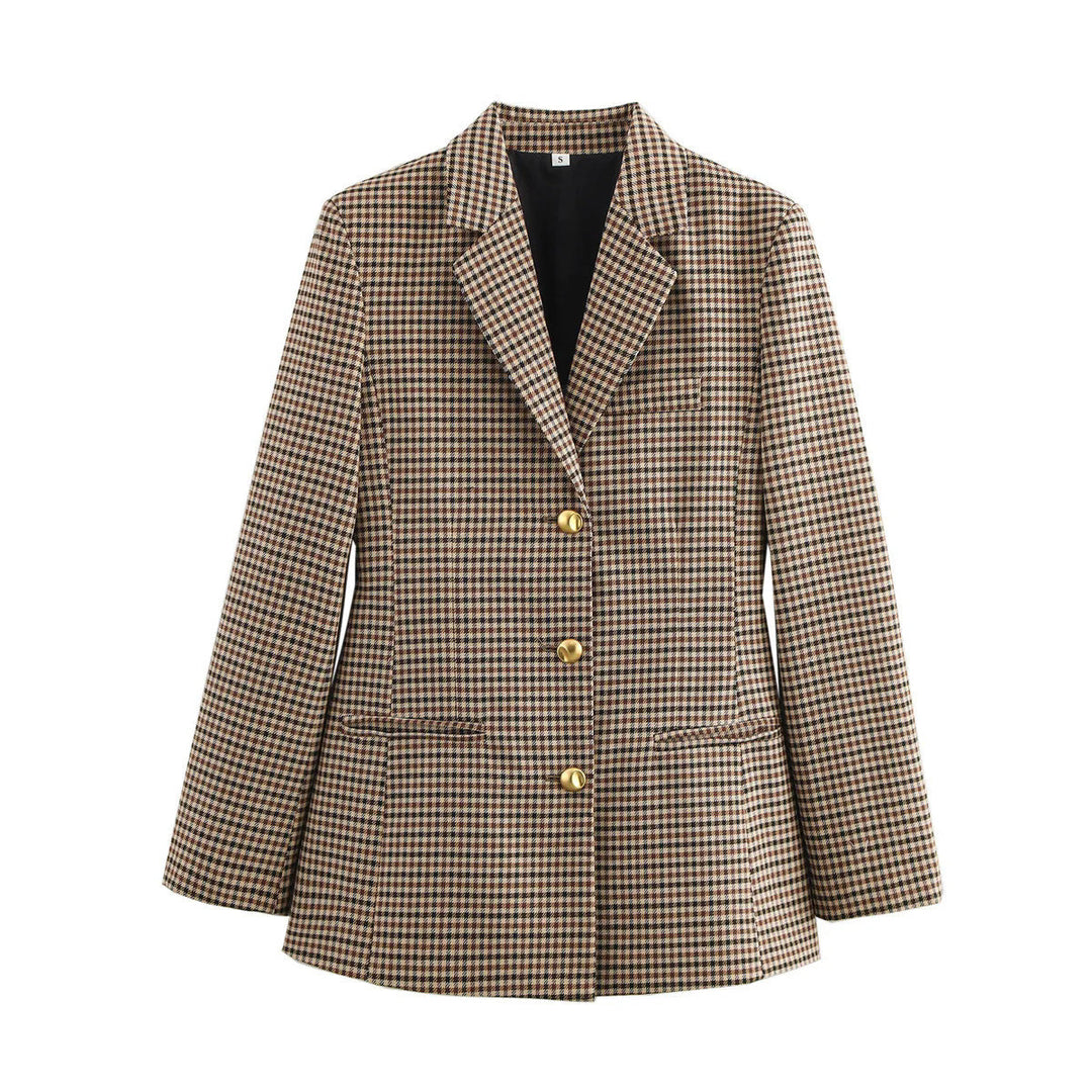 Damen karierten Blazer mit goldenen Knöpfen und praktischen Taschen Shopnory