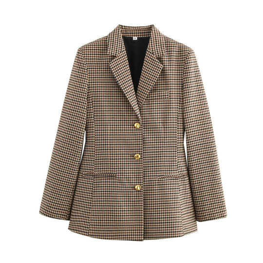 Damen karierten Blazer mit goldenen Knöpfen und praktischen Taschen Shopnory