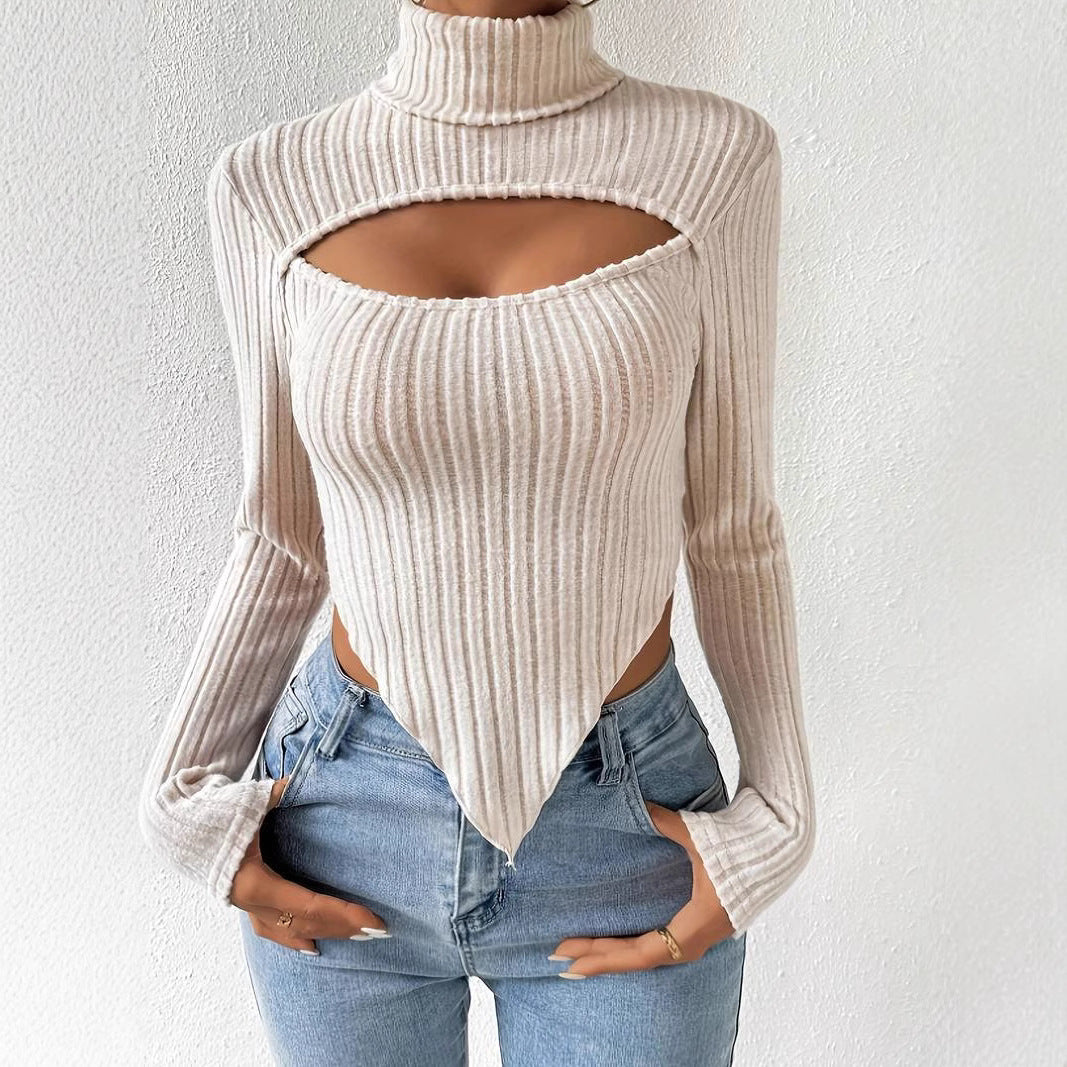 Damen geripptes Rollkragen-Top mit Cut-Out, spitz zulaufendem Zipfel-Saum und figurbetonter Stretch-Passform Shop Nory