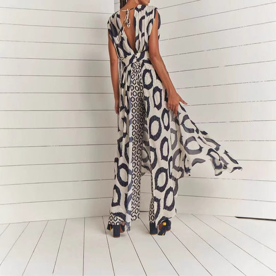 Damen Eleganter Jumpsuit mit Wickelgürtel und geometrischem Muster