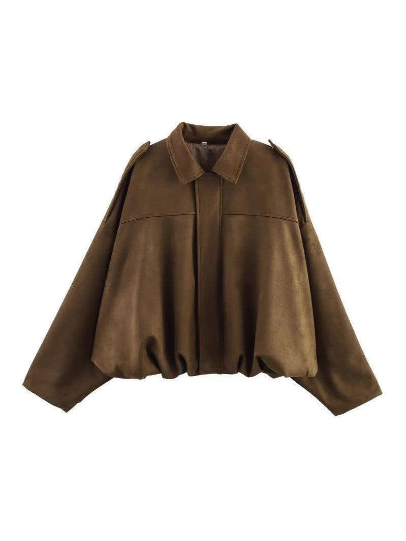 Damen Gekürzte Oversize-Blousonjacke aus Veloursoptik mit Tunnelzugsaum und Schulterpatten Shop Nory