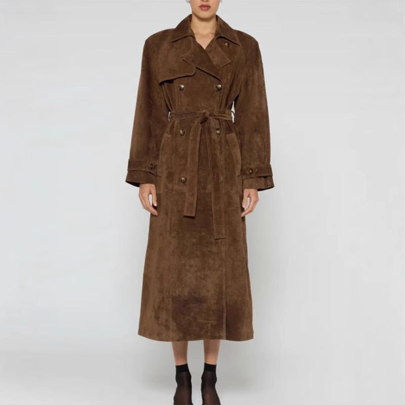 Damen Langer Veloursledermantel im minimalistischen Trench‑Look mit soften Revers Shop Nory